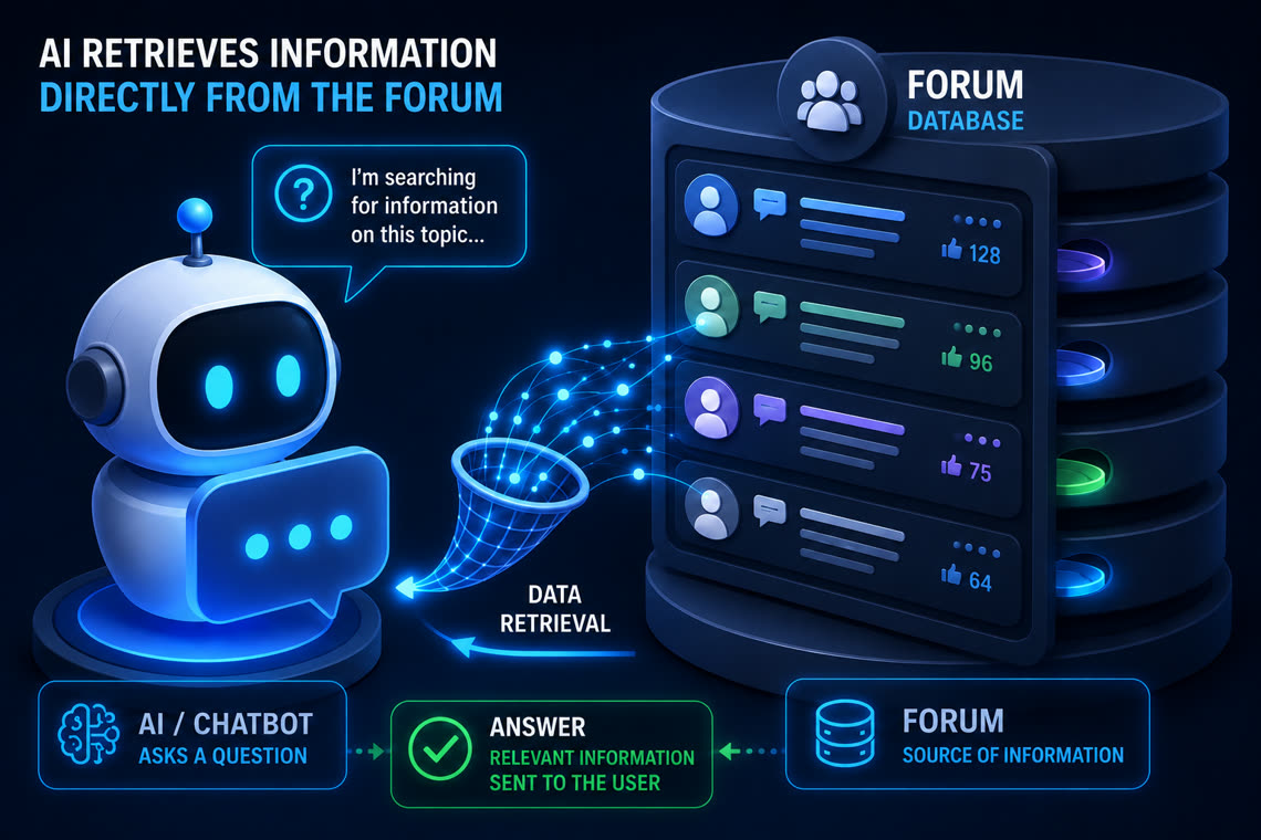 Infographic — an AI chatbot wired into the phpBB forum: the database queried live, with anti-hallucination guardrails