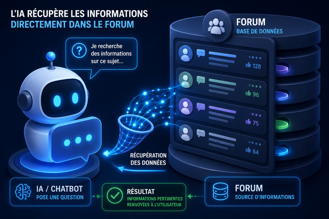 Infographie — un chatbot IA branché sur le forum phpBB : la base de données interrogée en direct, avec garde-fous anti-hallucination