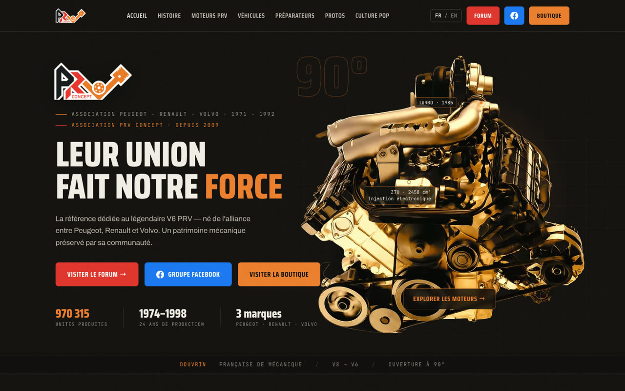 Aperçu du site PRV Concept — la référence du V6 PRV