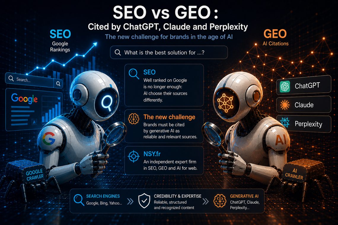 SEO vs GEO infographic — getting cited by ChatGPT, Claude and Perplexity: Google rankings versus AI citations