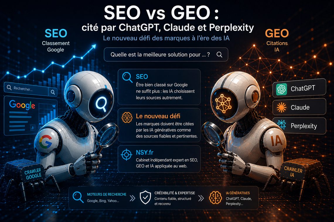 Infographie SEO vs GEO — être cité par ChatGPT, Claude et Perplexity : classement Google contre citations IA