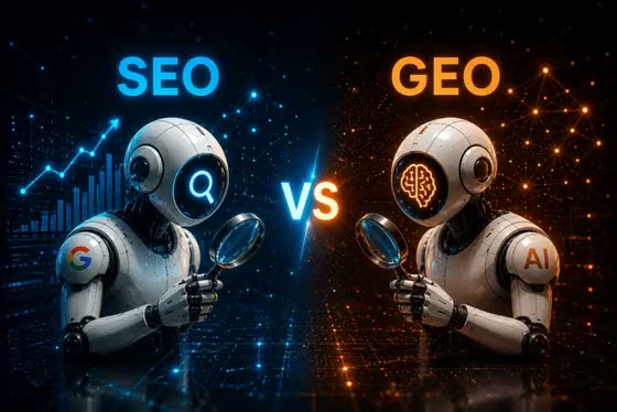SEO vs GEO — a Google robot and an AI robot face to face