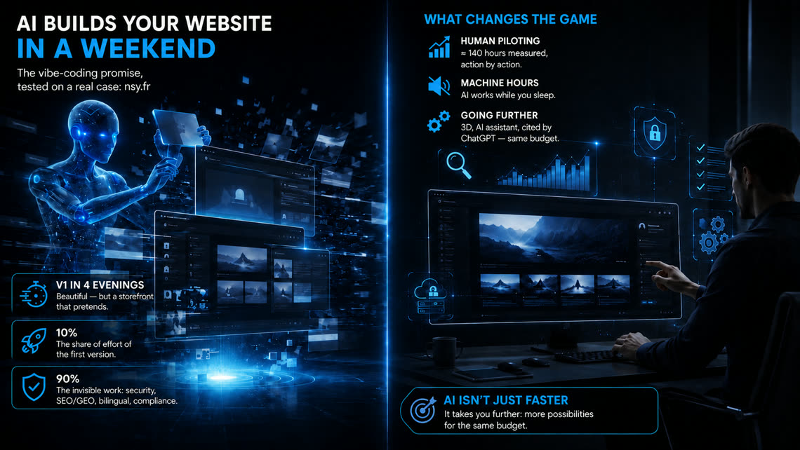 Infographic — AI builds your website in a weekend: the vibe-coding promise tested on nsy.fr, V1 in 4 evenings, 10% of the effort, ≈ 140 hours of human piloting