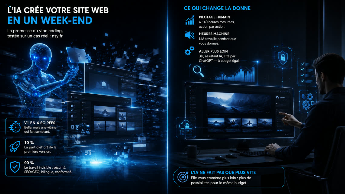 Infographie — l'IA crée votre site web en un week-end : la promesse du vibe coding testée sur nsy.fr, V1 en 4 soirées, 10 % de l'effort, ≈ 140 heures de pilotage humain